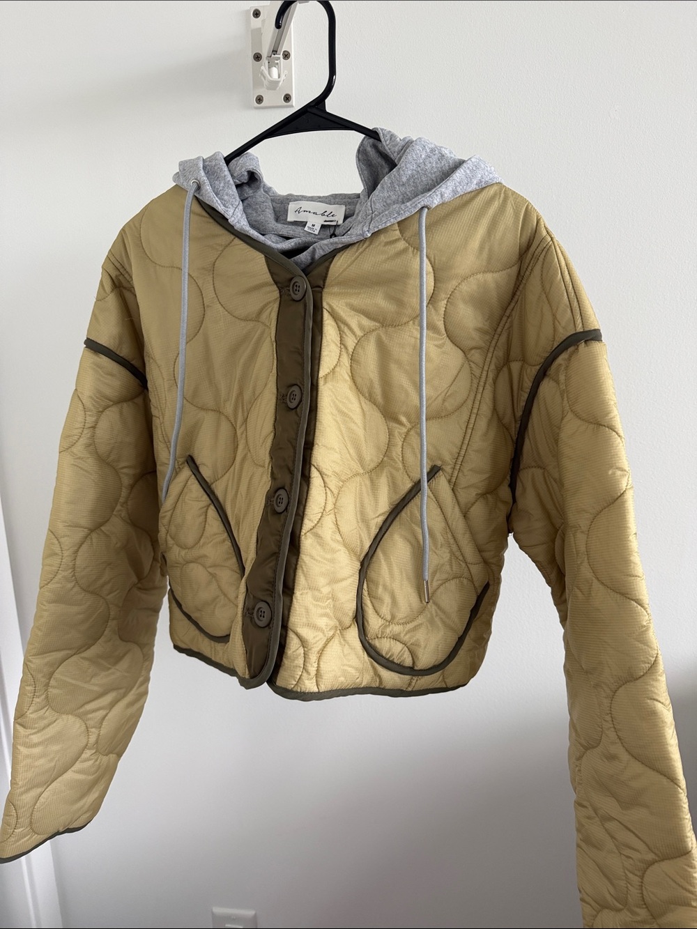 Quilted Olive Cropped Jacket with Grey Detachable Hoodie Layer BNWT